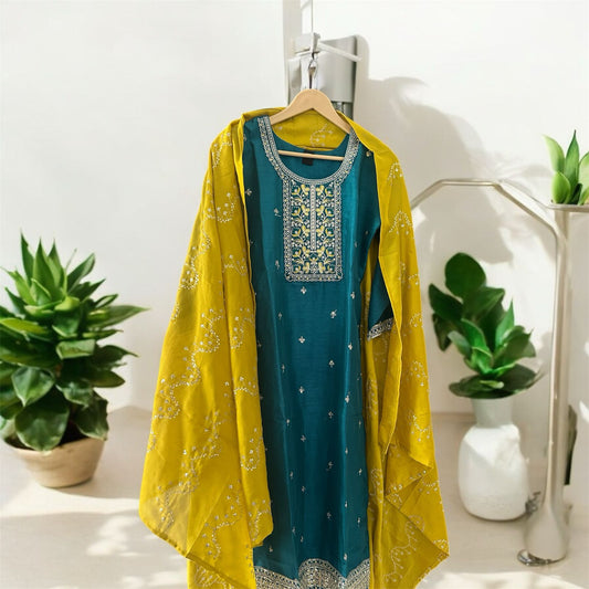Elegant Teal & Mustard Embroidered Suit Set
